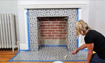 diy-stenciling-cement-tile-fireplace - Stencil Stories Stenciled Fireplace, Cement Tile Fireplace, Fireplace On A Budget, Hearth Tiles, Fireplace Diy, Tile Stencils, Accent Wall Stencil, Faux Tiles, Damask Stencil