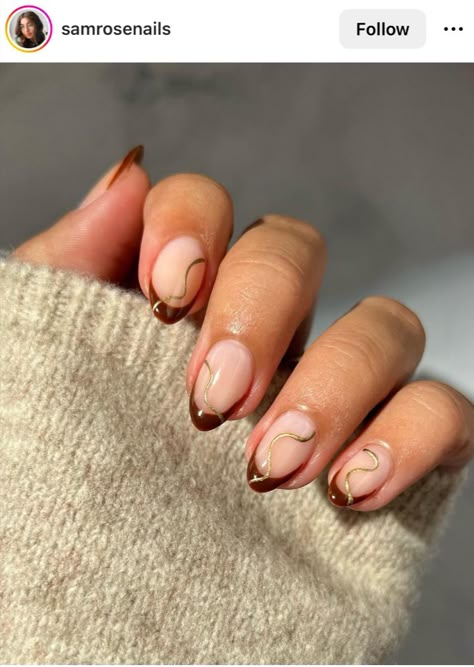 Red French With Gold Line, Almond Shape Thanksgiving Nails, Snake Skin French Tip Nails Almond, October Nails Ideas Almond, November Simple Nails, Dark Brown And Gold Nails, Autumn Nail Designs 2024 Short, Fearless Era Nails, Autumn Oval Nails