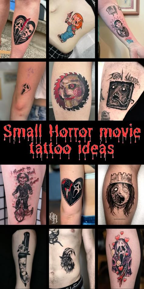 See these small horror movie tattoo ideas that pack a terrifying punch in a subtle design. Perfect for die-hard fans, these minimalist tattoos capture iconic moments and symbols from your favorite horror films, offering a spooky yet stylish way to express your love for the genre. It Movie Tattoo, Small Horror Movie Tattoos Simple, Unique Horror Tattoos, Simple Scream Tattoo, Scary Movie Tattoos Horror Films, Pulp Fiction Tattoo Ideas, Saw Movie Tattoo Ideas, Small Freddy Krueger Tattoo, Small Ghostface Tattoo