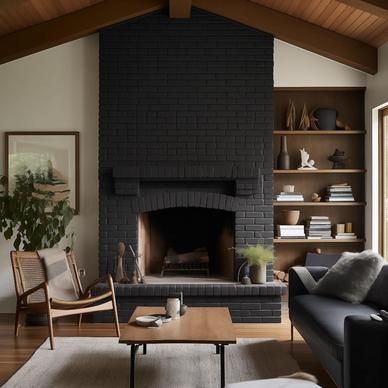 20 Black Brick Fireplace Designs: Striking Ideas To Inspire You Brick Fireplace Design, Black Fireplace Wall, Black Brick Fireplace, Grey Fireplace, Painted Brick Fireplace, Painted Brick Fireplaces, Wooden Mantel, Fireplace Designs, Paint Fireplace