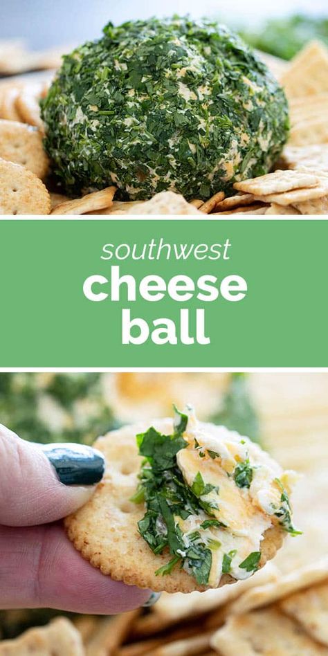 This Southwest Cheese Ball is filled with all of your favorite Tex-Mex flavors - green chiles, cheese, and cilantro. Great for parties or game nights. Tailgate Snacks, Easy Peasy Recipes, Party Snack Food, Green Chiles, Football Party Food, Crowd Pleasing Recipes, Cheese Ball Recipes, Cheese Balls, Snack Foods