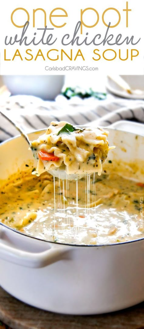 Easy One Pot White Chicken Lasagna Soup tastes just like creamy, comforting white chicken lasagna without all the layering or dishes! White Chicken Lasagna Soup, Chicken Lasagna Soup, White Chicken Lasagna, Soup Video, Lasagna Soup Recipe, Chicken Lasagna, Lasagna Soup, Easy Soup, Fettuccine Alfredo