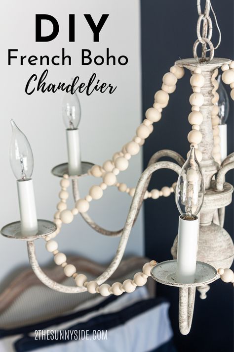 How To Update A Chandelier, Diy Bead Chandelier, Repurposed Chandelier Ideas, Wood Look Paint, Boho French Country, French Country Lighting, French Boho, How To Make A Chandelier, Chandelier Diy