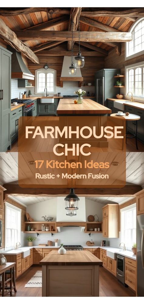 farmhouse kitchen ideas Rustic Craftsman Kitchen, Old Farmhouse Kitchen Rustic, Non White Kitchen, Rustic Kitchen Design Ideas, Craftsman Kitchen Ideas, Barndo Kitchen Ideas, Barndominium Kitchen, Farmhouse Backsplash Ideas, Above Cabinet Decor