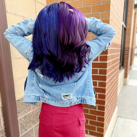 Blue And Purple Hair Half, Blue Half And Half Hair, Half And Half Hair Dye, Half Hair Dye, Dark Blue And Purple Hair, Dark Purple Hair Color, Half And Half Hair, Split Dye, Dark Purple Hair