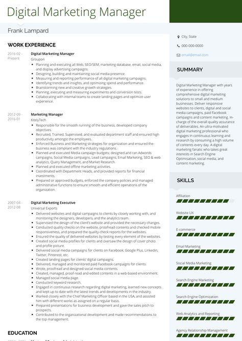 Want to create or improve your Digital Marketing resume? Check out VisualCV’s sample resumes for guidance & find the right template for the job. #resume #digitalmarketing #marketing #resumesample #resumetemplate Digital Marketer Resume, Digital Marketing Cv, Marketing Resume Examples, Work Captions, Professional Summary For Resume, Digital Marketing Resume, Marketing Manager Resume, Resume Summary Statement, Professional Summary