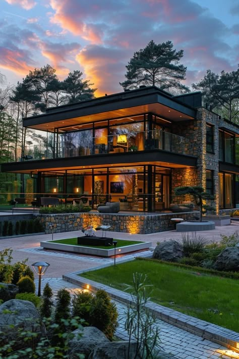 Dark Modern House, Upcycled Home, Inviting Living Room, Designer Homes, Woodland House, Luxury Houses Mansions, Aesthetic House, Wall Decoration Ideas, Modern Villa Design