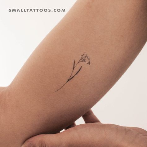 Lily Tattoo Dainty, Tiny Calla Lily Tattoo, Tiny Lily Tattoo, Dainty Plant Tattoo, Lady Slipper Tattoo, Calalilly Tattoo Calla Lily, Lily Rose Tattoo, Simple Lily Tattoo, Fine Line Lily Tattoo