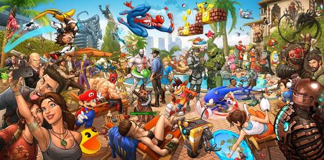 Artist Recreates All Your Favorite Video Game Characters at a Grand Theft Auto V Pool Party Patrick Brown, Tracer Overwatch, Earthworm Jim, Hidden Object Game, Jak & Daxter, Nathan Drake, Blizzard Entertainment, Brown Art, Game Characters