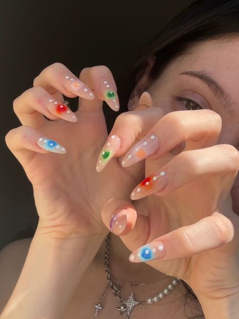 Aura Nails Colorful, Chakra Nails Designs, Spring Aura Nails, Nail Designs Aura, Chakra Nail Art, Colorful Almond Nails, Chakra Nails, Aura Almond Nails, Energy Nails