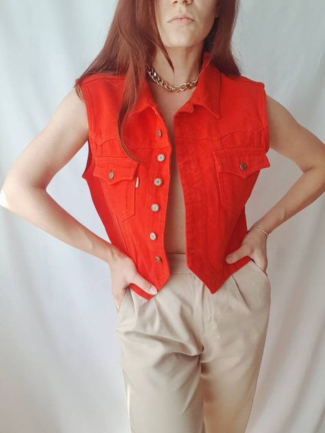 Check out this item in my Etsy shop https://www.etsy.com/listing/1030849826/vintage-80s-cropped-denim-vest-red-jeans Jeans Waistcoat, Denim Vest Outfit, 80s Grunge, Crop Denim Vest, Grunge Jeans, Black Lace Corset, 80s Women, Red Denim, Red Jeans