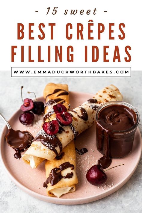 If you're a massive fan of crêpes like me, then you'll love my top 15 Crêpes Filling Ideas. Make yourself a batch of crêpes and get creative with these fillings. Each one is as delicious as the next and they'll be sure to satisfy. Dessert Crepes Ideas, Crepes With Mascarpone Filling, Crepes Recipe Filling, Crepe Cream Filling, Sweet Fillings For Crepes, Fruit Crepes Filling, Sauces For Crepes, Creaps Recipe Filling, Homemade Crepes Filling