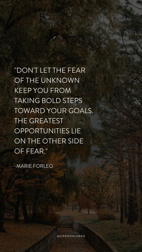 Is fear keeping you from your goals? Here are 82 powerful quotes to keep you on track for your life goals. Quotes from Marie Forleo, Ed Mylett, Jenna Kutcher, Oprah, Esther Hicks, Tony Robbins and more. Powerful Tattoos For Women, Powerful Tattoos For Women Strength, Fear Of Unknown, Athletes Quotes, Believe In Yourself Quotes, Fear Quotes, Powerful Inspirational Quotes, One Word Quotes, Powerful Motivational Quotes