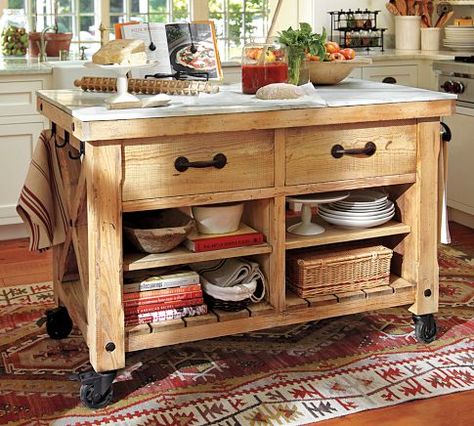 Pottery Barn Kitchen Island - Hamilton Reclaimed Wood, Marble Top     Substantial and well crafted, this marble-topped table is crafted from reclaimed pine with a wax finish that seals and protects the wood without concealing the imperfections that give it character. Its ample size is perfect for large gatherings in the kitchen.    52" wide x 30" deep x 36" high   Finished by hand with a wax finish to protect the wood without concealing its character. Rustic Kitchen Island Ideas, Marble Top Kitchen Island, Pottery Barn Kitchen, Top Kitchen Table, Reclaimed Wood Kitchen Island, Portable Kitchen Island, Freestanding Kitchen Island, Mobile Kitchen Island, Reclaimed Wood Kitchen