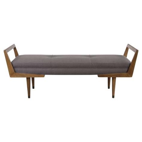 Lyle Mid Century Modern Grey Upholstered Birch Wood Bench Mid Century Modern Bench, Tufted Bench, Bedroom Bench, Modern Bench, Exposed Wood, Wood Bench, Upholstered Bench, Bench Seat, Oak Finish