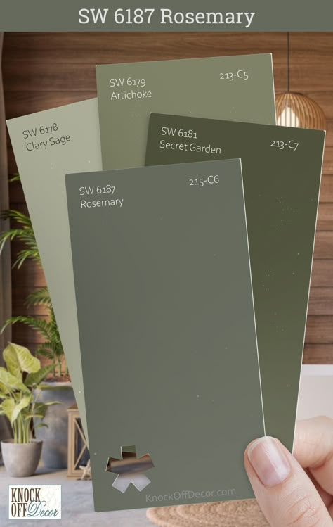 Sherwin-Williams Rosemary has inspired me to select colors that create a sense of continuity and flow. You can see that here with this palette featuring SW Secret Garden, Artichoke, and Clary Sage. Click to see all my top coordinating color palettes in my full review. Color Blocking Room Ideas, Olive Green Vs Sage Green, Green Paint Combinations, Sw Secret Garden Paint, Clary Sage Sherwin Williams Coordinating Colors, Secret Garden Paint Sherwin Williams, Artichoke Paint Sherwin Williams, Rosemary Color Palette, Sw Secret Garden