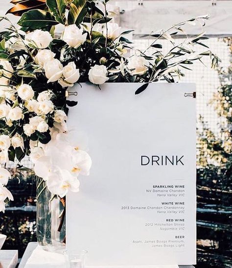 This stylish drinks menu is the ideal accompaniment to your bar - well suited to sleek and chic luxury weddings Rustic Wedding Decorations, Bar Menu Wedding, Flowers And Greenery, Bar Menu, Drink Menu, Wedding Bar, Wedding Signage, Wedding Stationary, Wedding Menu