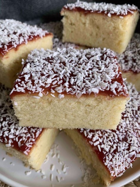 Cheap Traybake Recipes, Honeymoon Slice Traybake, Jam And Coconut Tray Bake, Coconut And Jam Cake, Coconut Traybake Recipes, Coconut Jam Cake, School Tray Bake, Traybake Cake Recipes, Tray Bakes Cakes