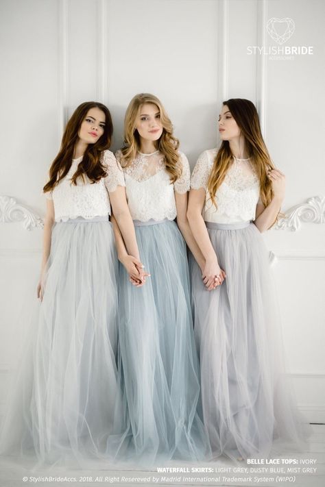 Beach Bridesmaid Dresses For Destination Weddings — Affordable Wedding Venues & Menus Tulle Bridesmaids, Rustic Bridesmaid Dresses, Crop Top Plus Size, Crop Top With Sleeves, Tulle Bridesmaid Dresses, Bridesmaid Separates, Rustic Bridesmaids, Ashley Taylor, Gonna In Tulle