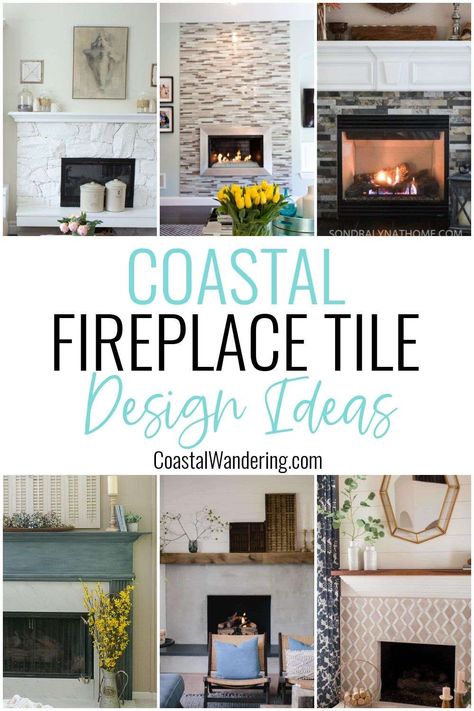 Nothing says cozy quite like a fireplace. Take your inspiration from coastal decor and make it stunning with these fireplace tile ideas. Costal Farmhouse Fireplace, Fireplace Ideas Beach House, Beach House Fireplace Ideas Cottage, Beach Cottage Fireplace Ideas, Beach Fireplace Mantel, Coastal Stone Fireplace Ideas, Fireplace Coastal Decor, Beachy Fireplace Tile Ideas, Beach Theme Fireplace