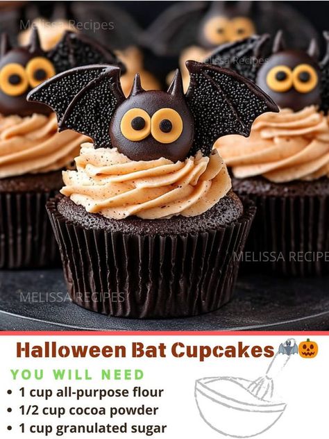 Melissa Recipes | Halloween Bat Cupcakes 🦇🎃 | Facebook Bat Desserts Halloween Treats, Bat Cupcakes Halloween, Halloween Glass Cupcakes, Bat Teacup, Bat Cupcakes, Chocolate Cupcakes Moist, Halloween Cupcakes, Halloween Bats, Granulated Sugar