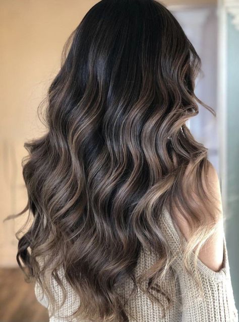 Blonde Balayage Highlights On Dark Hair, Ash Brown Hair Balayage, Ombre Hair Color For Brunettes, Blonde Hair Types, Black Hair Balayage, Dark Brunette Hair, Brown Hair Looks, Brown Hair Inspo, Brunette Hair With Highlights