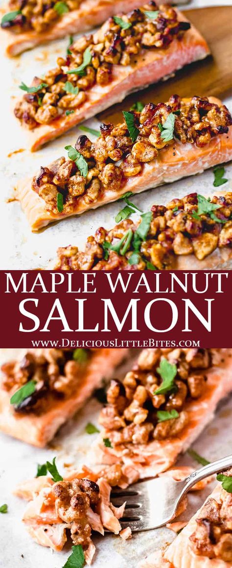 Walnut Recipes Dinner Dishes, Salmon With Nuts Recipes, Recipes With Walnuts Dinner, Walnut Salmon, Keto Walnut Recipes, Nut Crusted Salmon Recipes, Walnut Crusted Salmon, Festive Salmon Recipes, Maple Pecan Salmon Recipes