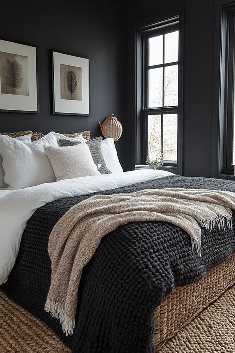 Black and grey bedroom ideas can create a surprisingly cozy and modern space. Explore plush bedding, textured throws, and soft lighting. Incorporate warm wood tones, metallic accents, and greenery for a balanced and inviting atmosphere. Black Wall Bedroom Bedding, Cozy King Size Bedroom Ideas, Bedrooms With Black Windows, Grey Black Green Bedroom, Charcoal Grey Bedding Ideas, Neutral Dark Bedroom, Black And Neutral Bedding, Dark Comfy Bedroom, Moody Grey Bedroom