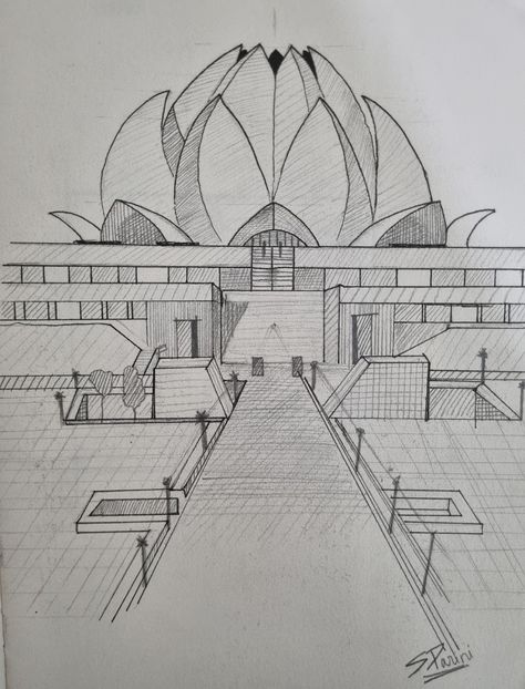 One point perspective... Perspective Art One Point, Lotus Temple Sketch, 1 Pt Perspective Drawing, Lotus Temple Drawing, One Point Perspective Sketch, Monuments Drawing, Temples Drawing, Perspectives Drawing, Buildings Sketch Architecture