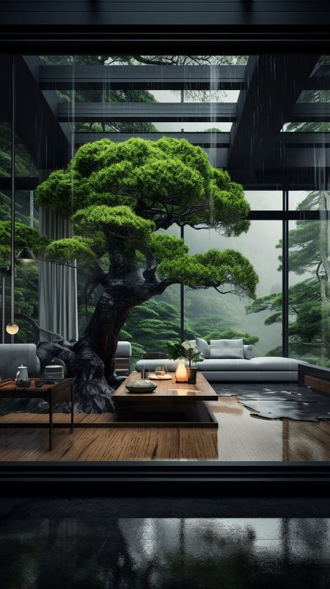 Creating a Zen Interior: Transform Your Home into a Serene Sanctuary - DGV Architecture Home With Tree Inside, Zen Architecture Design, Futuristic Japanese Architecture, Indoor Zen Garden Ideas Living Rooms, Zen Indoor Garden, Indoor Trees Architecture, House With Tree Inside, House Trees Indoor, Dark Meditation Room