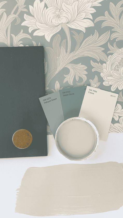 Colors To Go With Gray, Blue Green Powder Room, Natural Color Palette Living Room, Dark Green And White Color Palette, Natural Linen Coordinating Colors, Bedroom Mood Board Colour Palettes, Sw Accolade, Cottagecore Paint Colors Sherwin Williams, Sherwin Williams Master Bed Colors