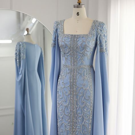 SS365 Luxury Dubai Blue Mermaid Muslim Evening Dresses with Cape Sleeves Arabic Women Wedding Engagement Party Gowns 💙💙💙 #couturedress #formaldress #wedding #guest #luxurywedding #summerwedding #couture #weddingdress #eveningdress #فساتين_زفاف #الامارات #فساتين_سهره #düğün #nişanelbisesi #bridalcouture #dreamweddingdress #bridetobe #bridalwear #مسلمون #المملكة #PartyDress #engaged Dresses With Cape Sleeves, Arabic Luxury, Yellow Evening Dresses, Grey Evening Dresses, Champagne Evening Dress, Muslim Evening Dresses, Gold Evening Dresses, Green Evening Dress, Gold Mermaid