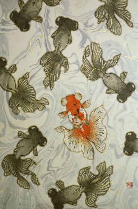 Foot Stool Goldfish Art, Koi Art, Fish Illustration, Fish Drawings, Foot Stool, Fish Painting, Fish Art, Ink Painting, Goldfish