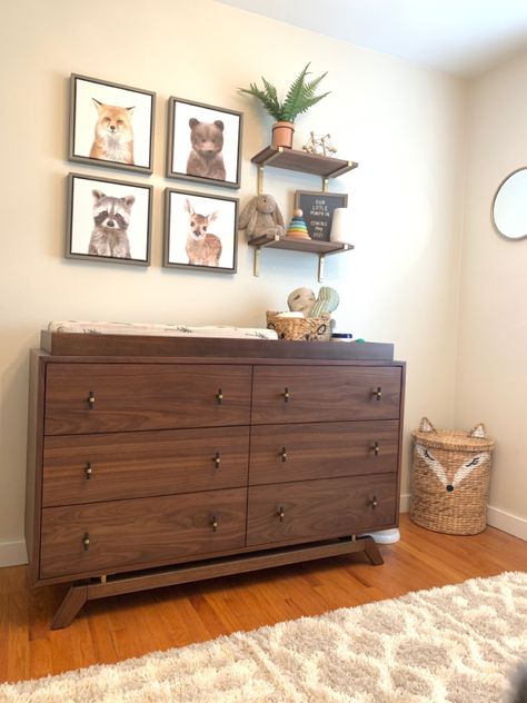 Dark Wood Dresser Nursery, Woodlands Nursery Neutral, Walnut Nursery Furniture, Nursery With Walnut Furniture, Brown Nursery Furniture, Nursery With Dark Wood Furniture, Nursery Dark Wood, Brown Nursery Ideas, Walnut Nursery