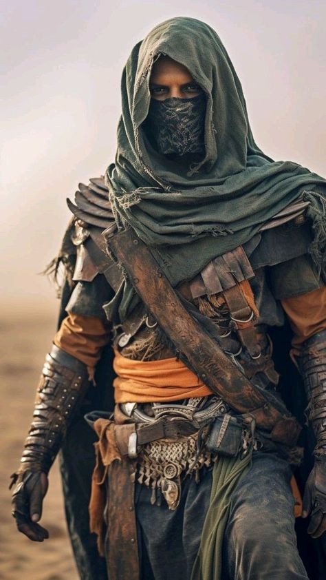 Desert Bandit Fantasy Art, Fantasy Desert Clothing, Desert Fantasy Art, Desert Assassin, Arabian Warrior, Hooded Character, Desert Clothing, Desert Warrior, Desert Outfit