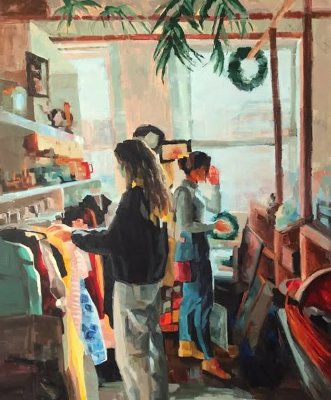 Original Art Oil Painting, measuring: 60.33W x 73.66H x 1.91D cm, by: Hunjung Kim (South Korea). Styles: Fine Art, Figurative, Impressionism, Modern. Subject: Interiors. Keywords: Interior, Women, Light, Shopping, Hunjung Kim, Daily Life. This Oil Painting is one of a kind and once sold will no longer be available to purchase. Buy art at Saatchi Art. Daily Life Artwork, Interior Design Art Paintings, Painting Of Bedroom, Cozy Art Aesthetic, Painting Hobby Aesthetic, Daily Life Painting, Apartment Paintings, Indoor Painting, Figurative Impressionism