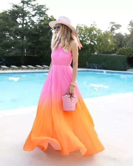 Style Orange Dress, Tuscan Pool, Pink Beach Dresses, Poolside Dress, Pool Party Dress, Outfits To Wear To The Beach, Bright Maxi Dress, Poolside Outfit, Orange Dress Summer