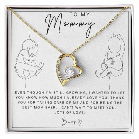 The cutest present for Mom-to-be! This personal message makes this necklace that much more special. Perfect Mothers Day Gift, Birthday Gift, Or just because! This necklace features a stunning 6.5mm cubic zirconia crystal and is beautifully crafted with either a white gold or yellow gold finish. #firstmothersdaygift #firstmothersday #mothersdaygift #giftforher #newmomgift #giftfrombaby #giftfrombump #mothersday #etsy #mothersdaygiftideas #mothersdayjewelry #ideasformothersday #mothersdaygift Proud Mom Quotes, Mommy Necklace, Expecting Moms Gifts, Mother's Day Crafts, Cute Presents, Mother's Day Cards, Happy Birthday Mom, Solid Gold Necklace, Mothers Day Quotes