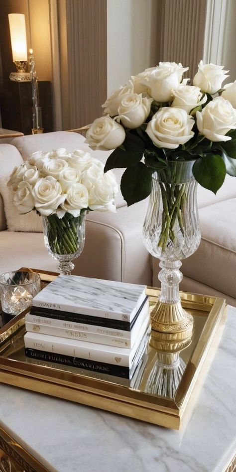 Minimalist Glam Style, Sophisticated Apartment Decor, Elegant Living Room Decor Ideas Classy, Quiet Luxury Home Decor, Modern Glam Living Room Decor, White Roses Vase, Basement Aesthetic, Modern Decor Pieces, Mermaid Palace