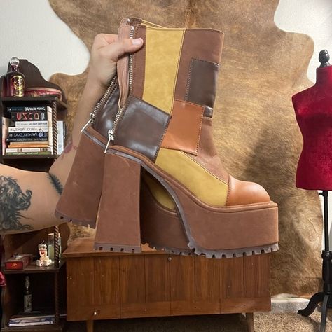 Patchwork brown boots from dollskill Freebird Boots, Stacked Heel Ankle Boots, 70s Y2k, Plus Size Boots, Dark Brown Boots, Brown Cowboy Boots, Black High Boots, Austin Powers, Bow Boots