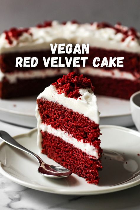 A photo of a bright red velvet cake slice topped with squirty cream. Vegan Ding Dong Cake, No Dairy Cake, Vegan Red Velvet Cake, Vegan Red Velvet, Posne Torte, Cake Flavours, Birthday Cake Decorating Ideas, Vegan Baking Recipes, Dairy Free Cake