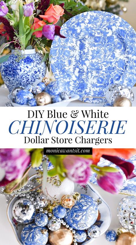 Blue And White Chinoiserie Tablescapes, Chinoiserie Diy Ideas, How To Paint Chinoiserie Diy, Blue And White Chinoiserie Decor, Chinoiserie Crafts, Blue Willow Tablescapes, Blue Willow Christmas, Chinoiserie Table Decor, Blue Chinoiserie Decor