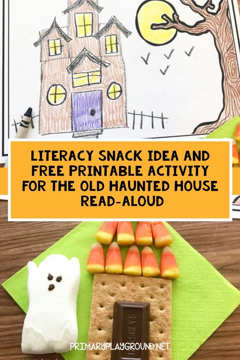 Grab the FREE printable and see the snack idea to use with At The Old Haunted House. It’s a fun Literacy Snack Idea Haunted House read-aloud for Halloween! Halloween Graham Cracker House, Old Haunted House, Halloween Read Alouds, Haunted House For Kids, Adaptive Books, Graham Cracker House, Haunted House Craft, Preschool Food, Kindergarten Halloween