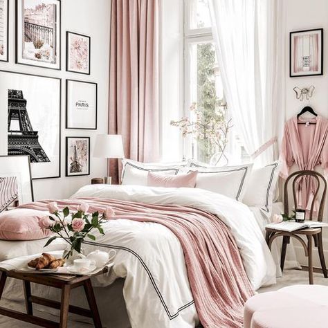 Poster Store (@posterstore) • Instagram photos and videos Pink Industrial Bedroom, Bed In Front Of Window, Pink And White Bedroom, Parisian Bedroom Decor, Paris Room Decor, Paris Themed Bedroom, Parisian Bedroom, Design Ložnic, Paris Wall Decor