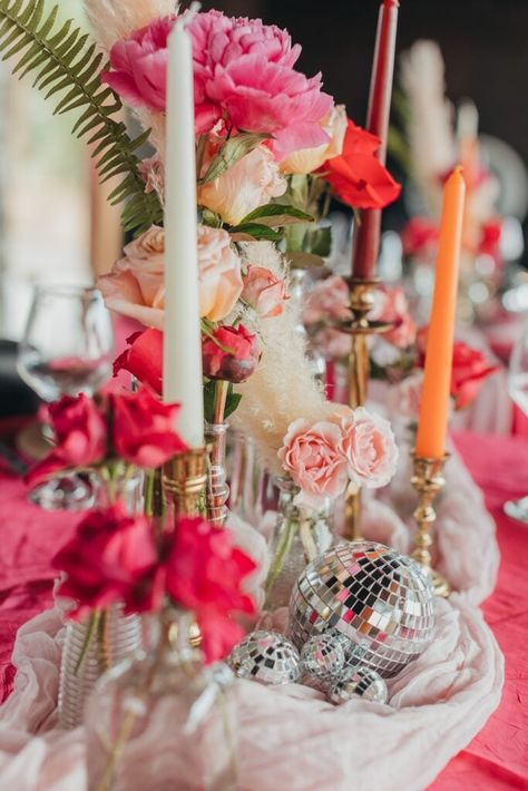 Celebrate with a Boho 70's Disco Themed Bridal Shower! - NorCal Bride & Groom Bright Table Centerpieces, Sunset Disco Wedding, Wildflower Disco Ball Wedding, Bridal Shower Pink Theme, Disco Boho Wedding, Boho Disco Party, Flowers And Disco Balls, Boho Retro Wedding, Disco Wedding Theme