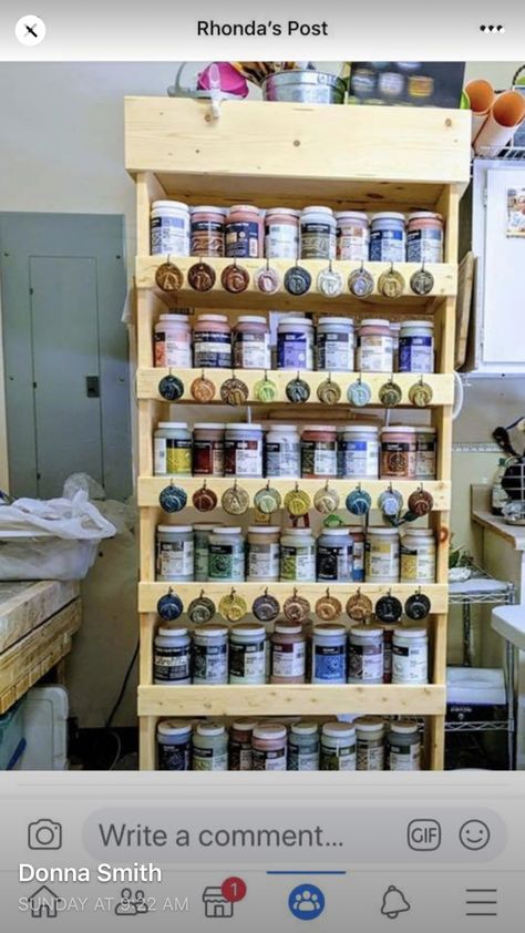 Pottery Studio Organization Ideas, Pottery Shed Ideas, Ceramic Studio Organization, Glaze Organization, Basement Pottery Studio, Pottery Studio Organization, Pottery Studio Shed, Ceramic Studio Layout, Home Pottery Studio Setup