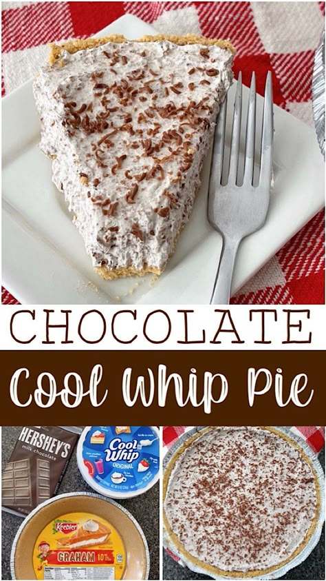 This easy no bake Chocolate Cool Whip Pie is made with only three ingredients, Cool Whip, melted chocolate, and a pre-made graham cracker crust. Customize it with your favorite toppings for a delicious treat. Easy Pie Dessert Recipes, Chocolate Whipped Pie, Whip Cream Pie Recipe, Fast Easy Chocolate Dessert, Chocolate Pie With Cool Whip, Easy Cool Whip Pies, Tru Whip Recipes, What To Do With Cool Whip, No Bake Pudding Pie Cool Whip