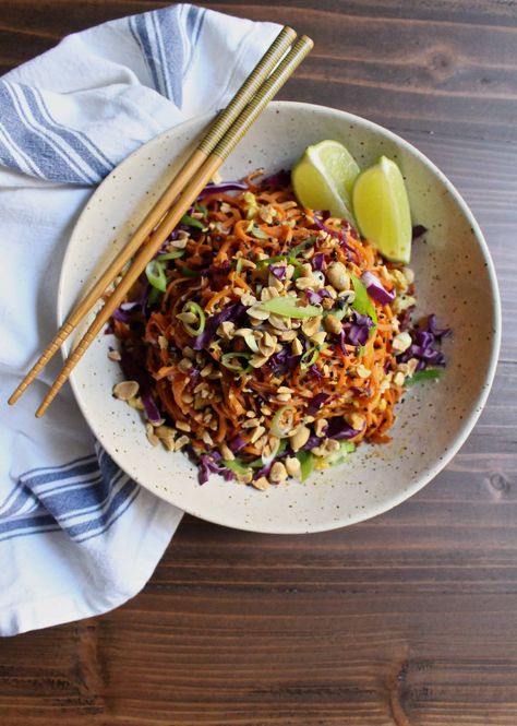 Inspiralized: Sweet Potato and Cabbage Pad Thai Cabbage Pad Thai, Sweet Potato Spiralizer Recipes, Potato And Cabbage, Sprouting Sweet Potatoes, Spiralized Sweet Potato, Clean Eating Vegetarian Recipes, Cabbage And Noodles, Clean Eating Vegetarian, Peanut Noodles