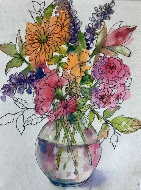 Pen And Watercolor Drawings, Wash And Ink Watercolour, Ink And Watercolour Flowers, Watercolor With Black Pen, Watercolour And Pen Flowers, Watercolor Ink Flowers, Loose Ink And Watercolor, Watercolor With Ink Outline, Ink And Watercolor Flowers