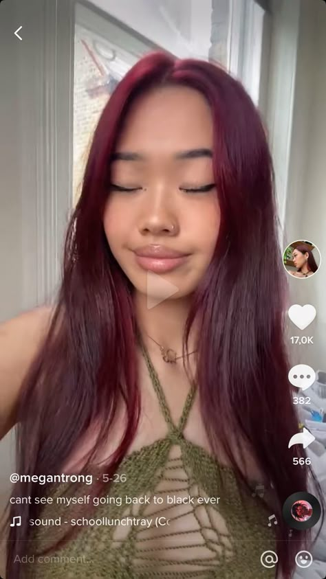 Burgundy Asian Hair, Asian Dark Red Hair, Red Hair On Asian, Dark Red Asian Hair, Asian With Red Hair, Burgundy Hair Asian, Red Asian Hair, Red Hair Asian, Magenta Red Hair